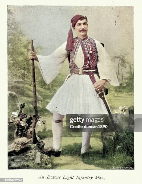 military history fashion, greek evzones or evzonoi, light infantry of the hellenic army, victorian, vintage photograph 19th century, 1890s - greek ethnicity stock illustrations