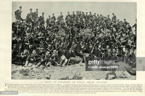 military history, greek army, evilpides, young officers, victorian, vintage photograph 19th century, 1890s - greek ethnicity stock illustrations