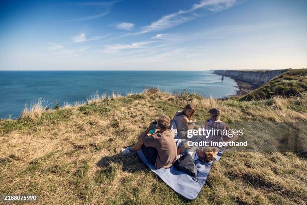 teenagers resting on the blanket on the cliffs of côte d'albâtre, normandy, france - normandy stock pictures, royalty-free photos & images