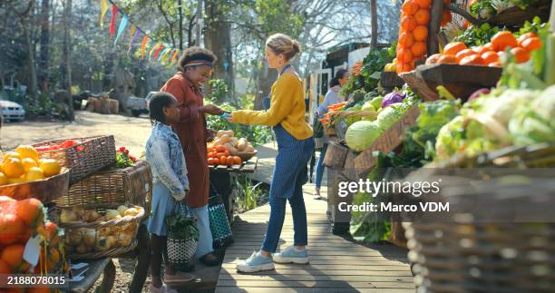 farmers market, customer and family with payment, nutrition and technology for purchase. parent, daughter and mother with employee, buying and transactions for organic food, consumer and shopping - mercado de produtos agrícolas imagens e fotografias de stock