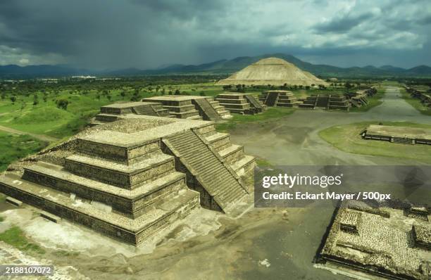 panoramic view of sun pyramid and moon square,mexico - aztec civilization stock pictures, royalty-free photos & images