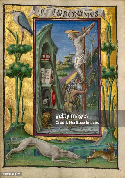 Saint Jerome in the Desert; Gualenghi-d'Este Hours, about 1469. Additional Info:The penitent Saint Jerome, who withdrew to the desert, kneels at the...