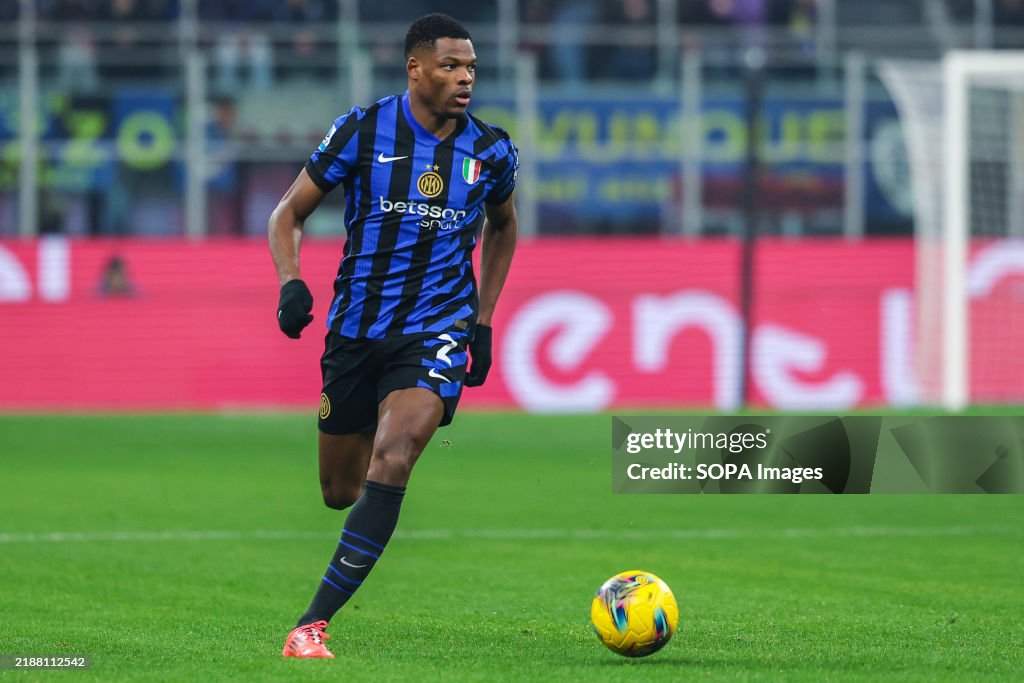Denzel Dumfries of FC Internazionale seen in action during...