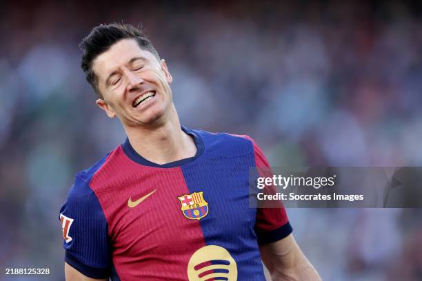 Robert Lewandowski of FC Barcelona disappointed during the LaLiga EA Sports match between Real Betis Sevilla v FC Barcelona at the Estadio Benito...