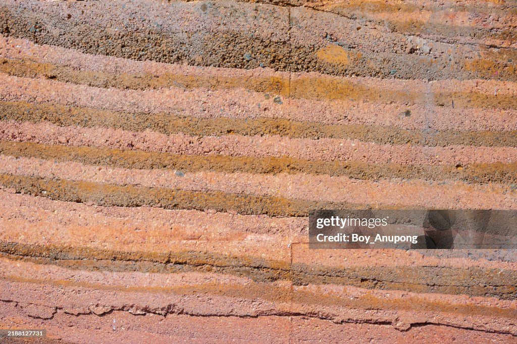 Full frame shot of an earthen wall layer and texture of clay house structure.