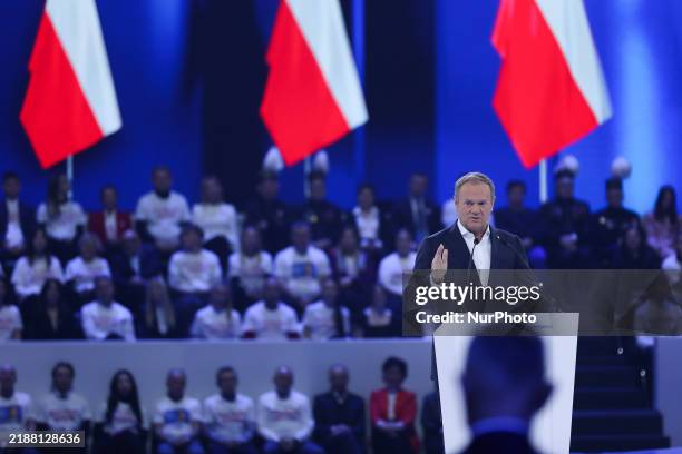 Polish Prime Minister Donald Tusk attends the Civic Coalition convention at PreZero Arena Gliwice in Gliwice, Poland, on December 7, 2024. The...