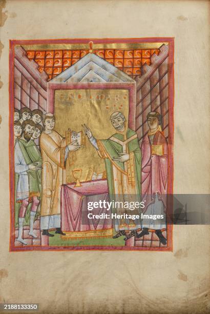Bishop Engilmar Celebrating Mass; Benedictional, about 1030-1040. Additional Info: A bishop blesses an assortment of lay people at Mass in what was...