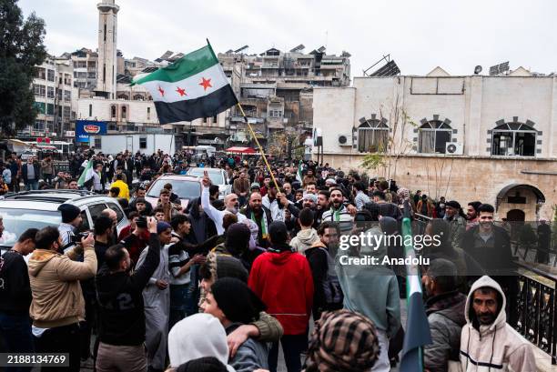 Anti-regime armed groups seize central Hama, Syria on December 07, 2024. Hama residents demonstrates in support of the armed groups against the...