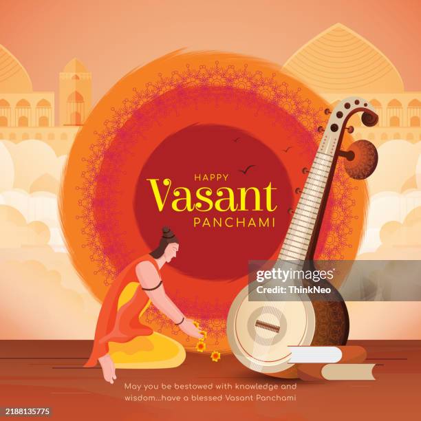 vasant panchami religious card design - goddess durga stock illustrations
