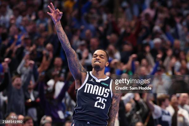 Washington of the Dallas Mavericks celebrates after scoring during the second half of an Emirates NBA Cup game against the Memphis Grizzlies at...