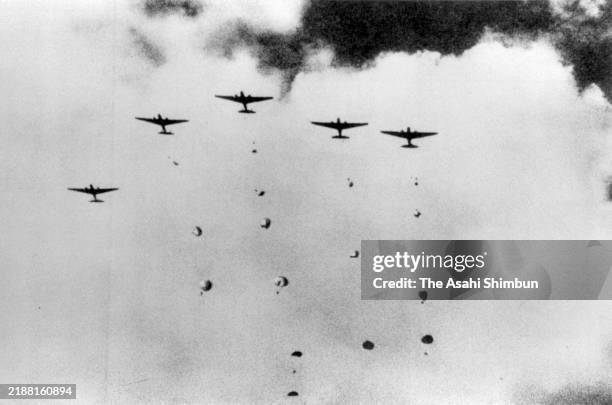 Imperial Japanese Navy para troops drop over Langoan Airfield in Celebes Island during the Dutch East Indies Campaign of the Pacific War on January...