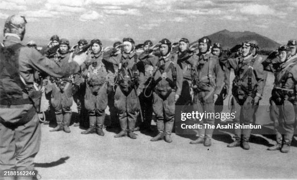 Imperial Japanese Army salute before their attacks at the Battle of Bataan during the Philippines campaign of the Pacific War on February 22, 1942 in...