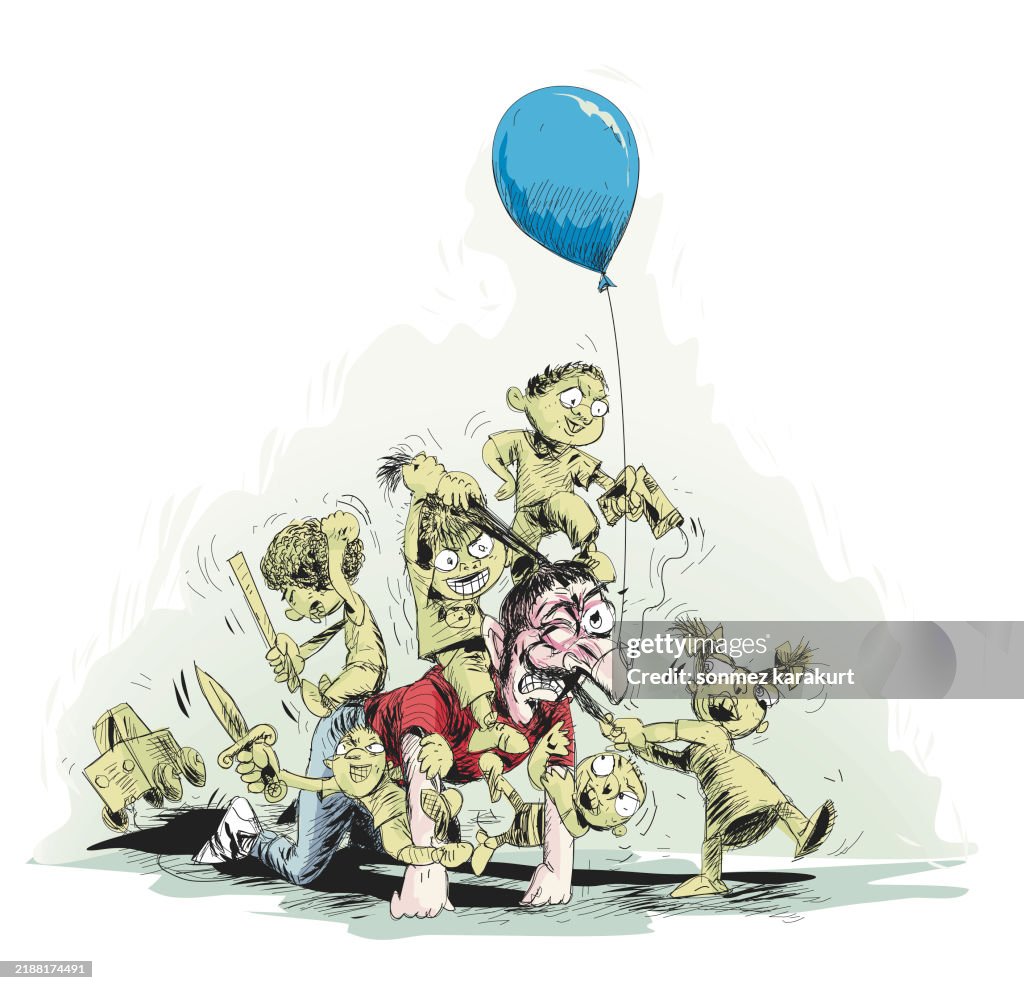 Homem brincando com crianças impertinentes