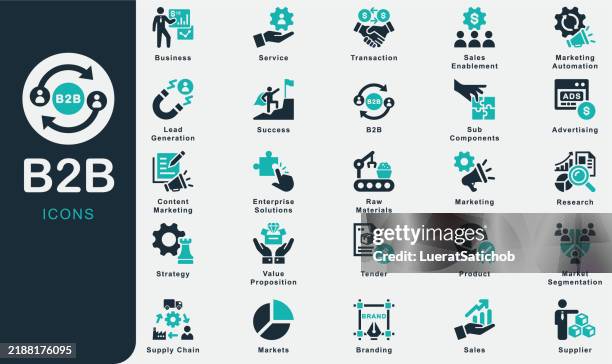 b2b solid icons collection.containing business, markets, transaction, sub components, supply chain, sales, raw materials, marketing, advertising, success, strategy, research, product, branding, tender - lead generation stock illustrations