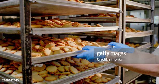 bakery worker organizing cooling cookies on racks - bakplåt bildbanksfoton och bilder