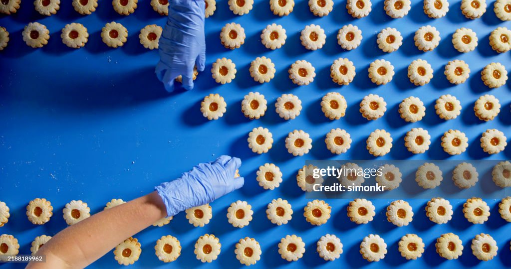 Disposición de galletas en la cinta transportadora con la mano enguantada