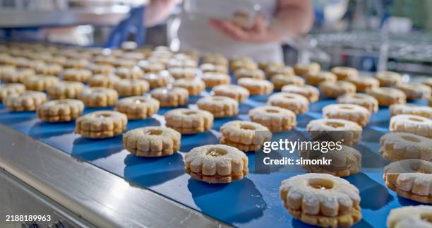 biscotti che viaggiano sul nastro trasportatore - fabbrica di produzione alimentare foto e immagini stock
