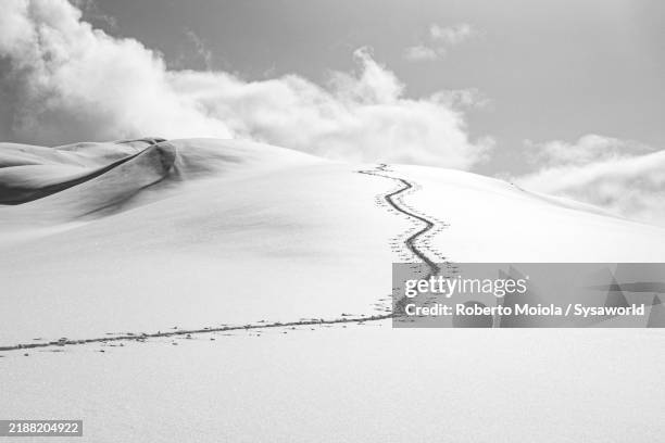 empty ski traces on a snowy mountain ridge - ski touring stock pictures, royalty-free photos & images