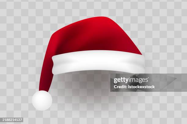 realistic vector red santa hats. new year red hat. - santa hat stock illustrations