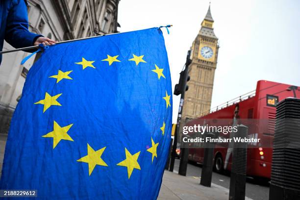 Anti-Brexit campaigners protest at Westminster with an EU flag against the backdrop of Big B, on December 04, 2024 in London, United Kingdom.