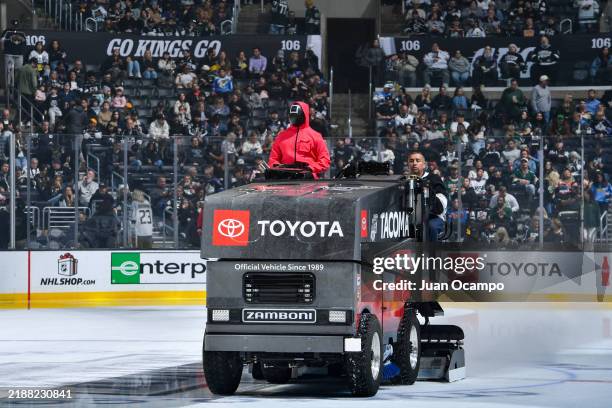 Squid Games character rides the Zamboni during the second period between the Minnesota Wild and the Los Angeles Kings at Crypto.com Arena on December...