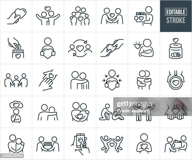 ilustrações de stock, clip art, desenhos animados e ícones de love and care thin line icons - editable stroke - icons include people showing love, loving one another, assisting others, family, friends, community, community outreach, food donation, cloths donation, self love, money donation - gratidão