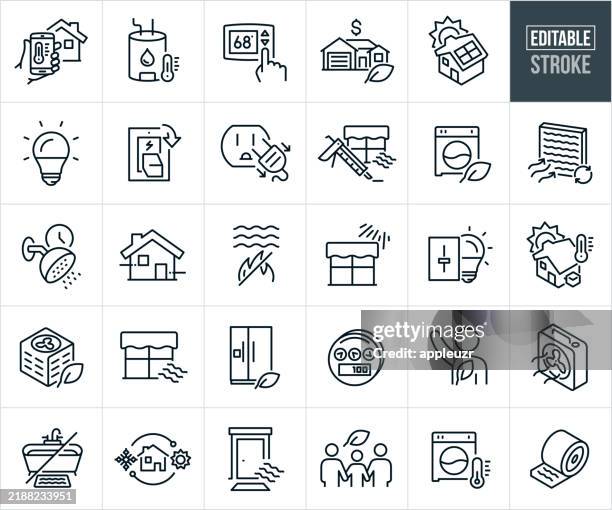 ilustraciones, imágenes clip art, dibujos animados e iconos de stock de conservación de energía en el hogar íconos de línea delgada - trazo editable - los íconos incluyen apagar luces, usar luces led, bajar el termostato, desenchufar, paneles solares, electrodomésticos de bajo consumo, conservacionistas - eficiencia energetica