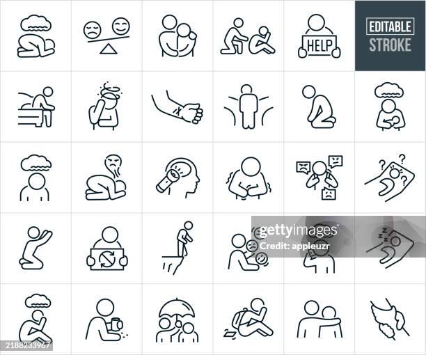 depression and anxiety thin line icons - editable stroke - icons include people suffering from depression, anxiety, mental illness, irritation, confusion, sadness, hopelessness, thoughts of suicide, cyberbullying, helping hand, help, rescue - stress stock illustrations