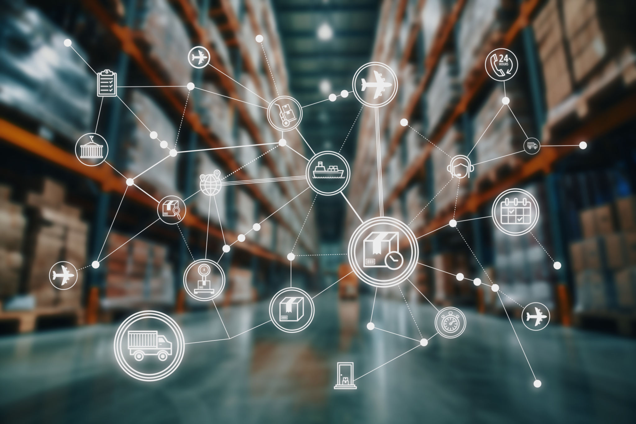 Digital Logistics and Supply Chain Network Icons Over Warehouse Background Digital Logistics and Supply Chain Network Icons Over Warehouse Background