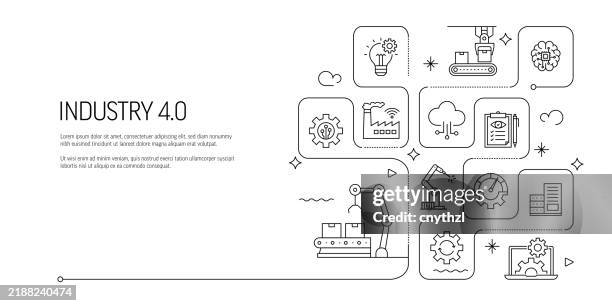 industry 4.0 related line art banner design. automation, internet, connection, database, machine learning, manufacturing. - autonomous systems stock illustrations