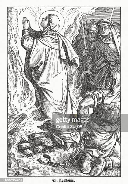 saint apollonia (?-249 ad), christian martyr, wood engraving, published 1883 - cremation stock illustrations
