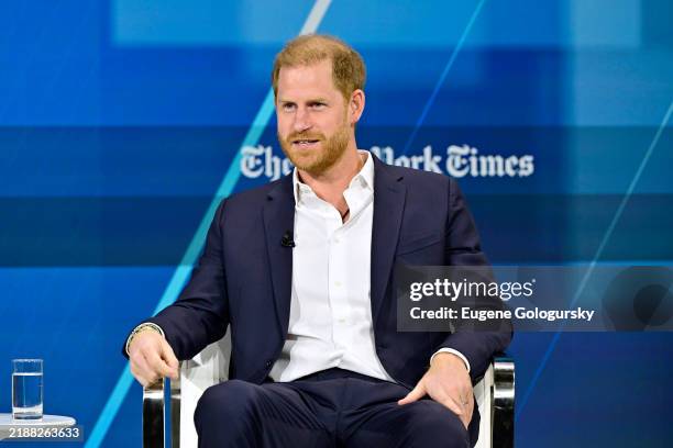 Prince Harry, Duke of Sussex, speaks onstage during The New York Times Dealbook Summit 2024 at Jazz at Lincoln Center on December 04, 2024 in New...