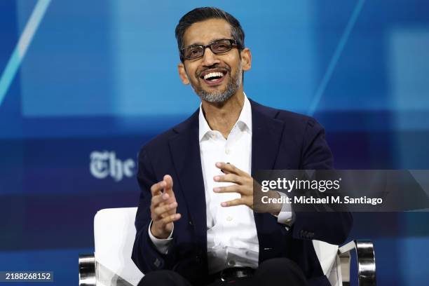 Sundar Pichai, C.E.O. Of Google and Alphabet, speaks during the New York Times annual DealBook summit at Jazz at Lincoln Center on December 04, 2024...