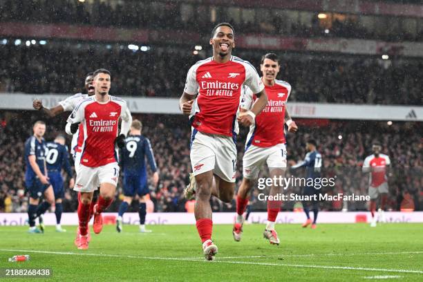 Jurrien Timber of Arsenal celebrates scoring his team's first goal during the Premier League match between Arsenal FC and Manchester United FC at...