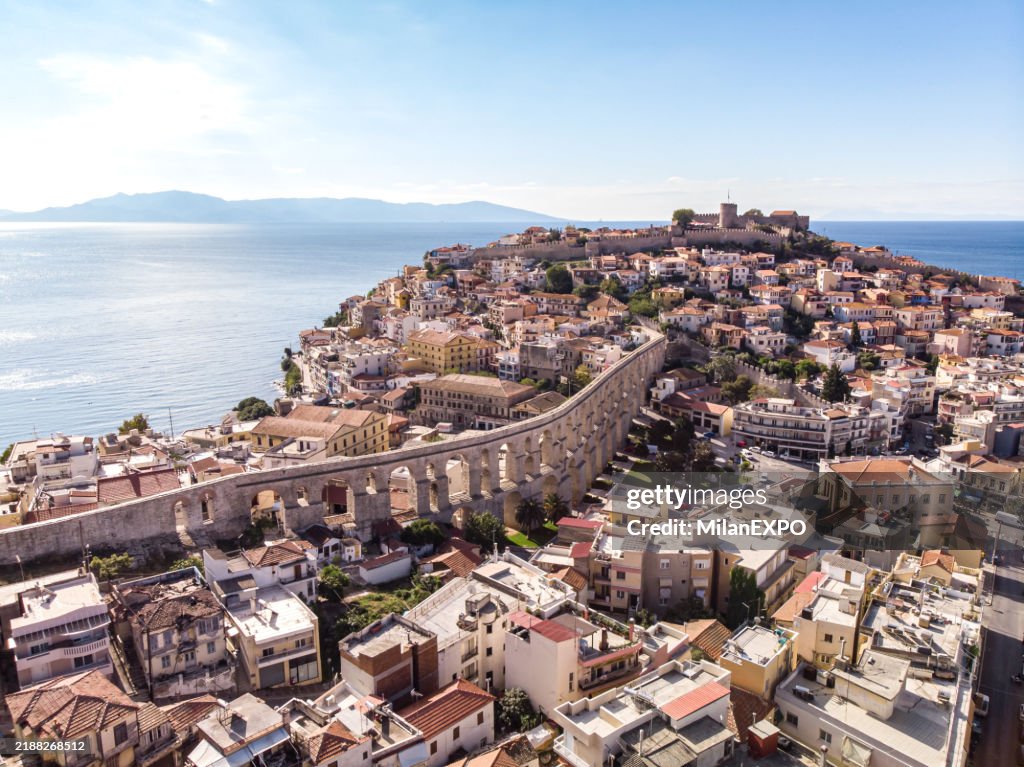 Aerial View of Kavala Historic City With Ancient Aqueduct