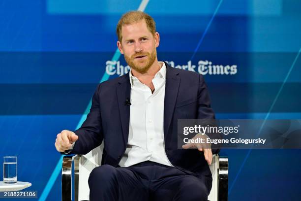 Prince Harry, Duke of Sussex, speaks onstage during The New York Times Dealbook Summit 2024 at Jazz at Lincoln Center on December 04, 2024 in New...