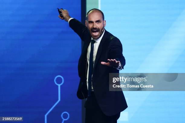Member of the Brazilian Chamber of Deputies Eduardo Bolsonaro speaks during the CPAC Argentina 2024, Conservative Political Action Conference, on...