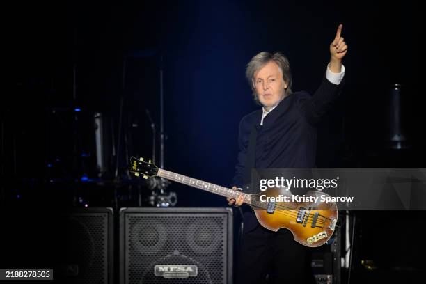 Paul McCartney performs live on stage at Paris La Defense Arena during the 'Got Back!' Tour on December 04, 2024 in Nanterre, France.