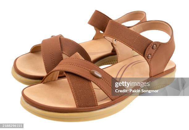 women's beach brown color slippers shoes isolated on white background, save clipping path. - sandal stock pictures, royalty-free photos & images