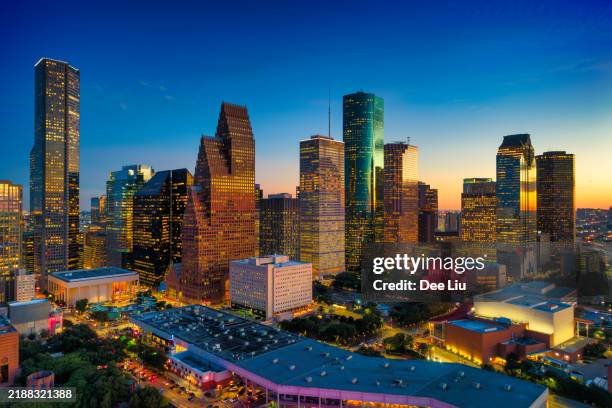 houston downtown aerial skyline at dusk, close up - texas bildbanksfoton och bilder