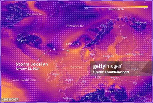storm jocelyn 20240122 wind weather map northern europe infographic - wind map stock illustrations