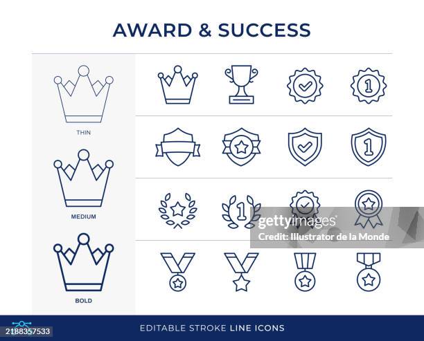 award and success line icons - winner ribbon stock illustrations