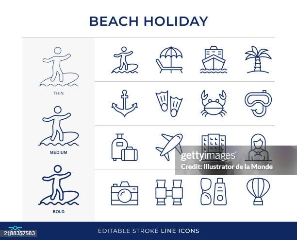 strandurlaubs-liniensymbole - hammock-between-palm-trees stock-grafiken, -clipart, -cartoons und -symbole