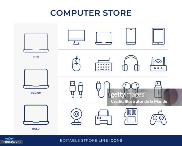 bildbanksillustrationer, clip art samt tecknat material och ikoner med computer store line icons - stereo
