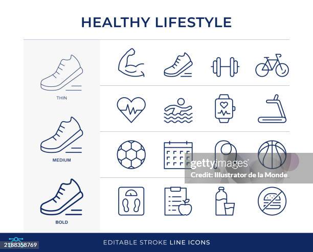 stockillustraties, clipart, cartoons en iconen met healthy lifestyle line icons - gespierd