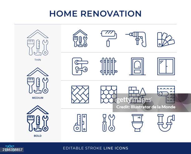 bildbanksillustrationer, clip art samt tecknat material och ikoner med home renovation line icons - linjal