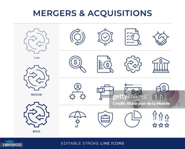 mergers and acquisitions line icons - merge stock illustrations