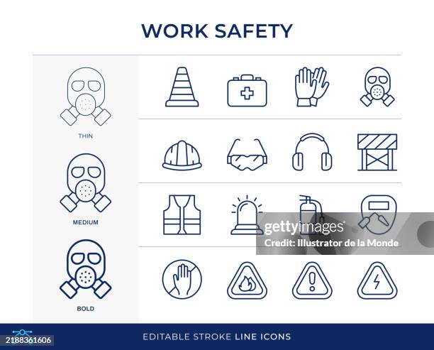 ilustraciones, imágenes clip art, dibujos animados e iconos de stock de iconos de línea de seguridad para el trabajo - artículo de emergencia