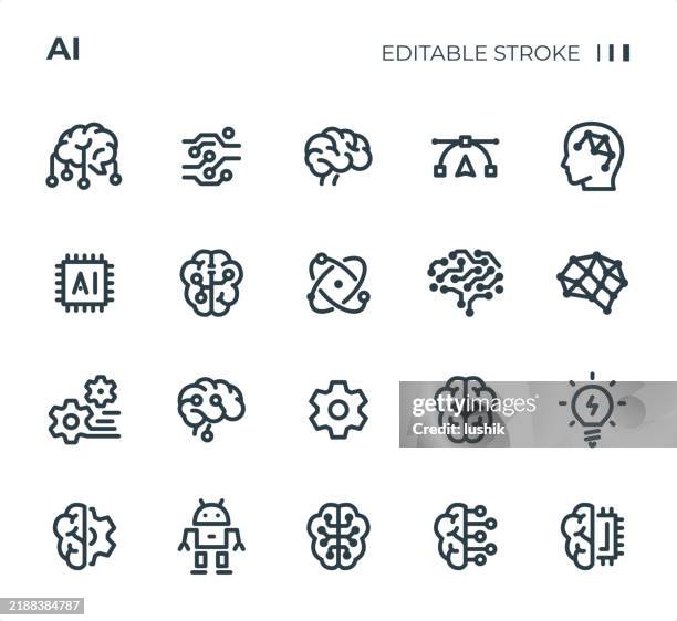 ilustraciones, imágenes clip art, dibujos animados e iconos de stock de conjunto de iconos de cerebro e inteligencia artificial. grosor de trazo editable. iconos de píxeles perfectos. - robot