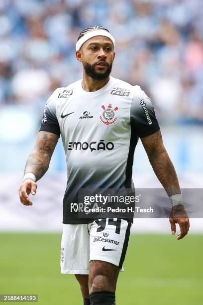 Memphis Depay of Corinthians looks on during the match between Gremio and Corinthians as part of Brasileirao 2024 at Arena do Gremio on December 8,...